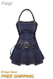 Women Denim Mini Dress Off Shoulder Halter Neck Sleeveless Suspender Dress Summer Y2k Vintage Party Elegant Ladies A-line