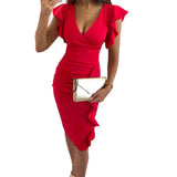 Fongt New Multi-Color Printing Dress V Collar Lotus Edges Sexy High-Waisted