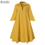 Summer Lapel Dresses ZANZEA Party Casual Robe Female Vintage Pleated Vestido Oversize Elegant Solid Knee Length