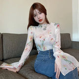 Sleeve T-shirts Women Print Crop Tops Sweet Aesthetics Design Slit Temper Vintage Elegant Sun Proof Y2k Clothes