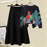 Winter Warm Knitted Two Pieces Sets For Women Long Sleeve Print Sweater And High Waist Knitting Skirts Set Womens