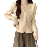 Sweater Women's 2024 Spring New French Lotus Leaf Hem Bubble Sleeve Blouse V Collar Knitted Sweater-Outfit