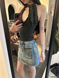 Black Polka Dot Cut Out Tie Up Top-Outfit