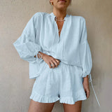 Fongt 2024 Fashion Suit New Women's Long Sleeved Shirt Shorts Loose Pure Color Lace Fashion Suit Women