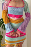 Patchwork Hollow Out Crochet Mini Dress Chic Women Long Sleeve 90s Vintage Aesthetic Knitted Dress Y2K