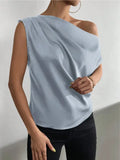 2024 Pure Satin Imitation Silk Irregular Sloping Shoulder Collar Sleeveless Shirt Women's Dress-Outfit