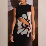 Fongt Summer New Fashion Retro Print Sleeveless Cuffed Hollow Sexy Slim Color