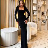 Fongt Women's Autumn And Winter New Fashion Temperament Pure Color Slim Tie With U-Neck Long-Sleeve