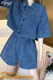 Women Denim Sets Summer 2023 New 2 Piece Set Solid Short Sleeve Coat + Shorts Jeans Sets Office Lady Elegant Female Denim