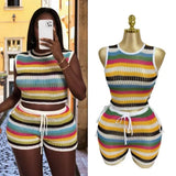 Fongt Ramming Striped Hollow Drawer Vest High-Waisted Hips Shorts Knitted Beach Resort Set