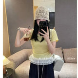 Fongt Lace Spliced Under Hem Short Sleeve Lace T-Shirt Summer New Slim White Collar Showing Thin Bottom
