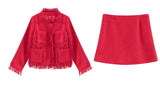 High Quality Women 2 Piece Set Autumn Winter Red Tweed Tassel Single Breasted Jacket Coat + Fringe A Line Skirt