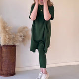 Fongt 2025 New Solid Color Round Neck Large-Size Short-Sleeved Knitted Shirt Casual Set