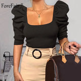 Vintage Puff Sleeve Women Blouse Square Neck Korean Style Tops Elegant Sexy White Black Slim Crop Blouse