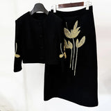 Fongt New Temperament Flower Heavy Industry Nails Seven-Sleeved Jacket Jacket Mid-Long Half Skirt Set