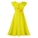 Fongt Women's V-Necked Leaf-Side Three-Dimensional Flower Dress Evening Dress Party Dress