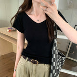 Pink V-Collar Ice Silk Knitted Short-Sleeved T-Shirt Women's New Summer Design Thin Slim Bottomed