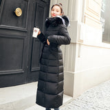 2024 Winter Tie Long Padded Clothes Korean Version Over The Knee Thick Warm Hooded Solid Color Big Wool Collar Down Cotton Suit-Outfit