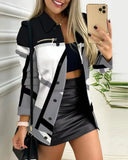 Fongt Spring And Autumn New Black Coat Long Sleeve Button Color Printing Clip Commuter Temperament Advanced Sensing Suit Woman