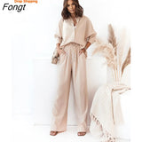 Summer New Women's Suit Loose Solid Color Long Sleeve Shirt Leisure Wide Leg Pants Two Piece Suit Women Women's