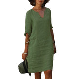 Cotton Linen Small V-neck Stitching Retro Basic Model Solid Color Three-quarter Sleeve