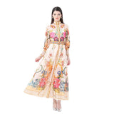 Fongt Elegant Court Style Positioning Print High-Necked Lantern Sleeves To Close Waist Dress Women's Spring Holiday Dress