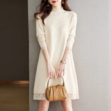 And Winter Lace Stitched Knitted Dress Femininity New Bottom Women's Medium-Length Loose Sweater Skirt-Outfit