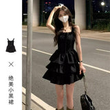 Fongt Wind Sling Small Black Dress Girl Small Design Feel Waist Thin Temperament Layer Cake Dress