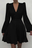 V Neck Puff Long Sleeve Mini