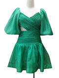 Solid Cut Out Dress For Women V Neck Short Sleeve High Waist Ruched Mini Dresses Female Summer Clothing New