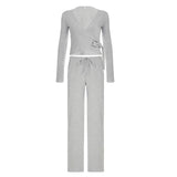 Solid Wrap Around Top And Drawstring Pants Set-Outfit