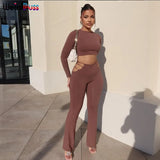 Puss Two Piece Set Women Solid Skinny Stretchy Crop Top+Slit Hollow High Waist Pants Matching Chic Streetwear Slim