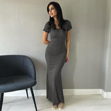 Fongt Summer New Women's Solid Color Temperament U Collar Short Sleeve Slim Long Dress