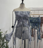 Small-Sized Old-Fashioned Green Shoulder Horn Sleeve Blouse Dye Net Yarn Lace Draw Rope Short T-Shirt