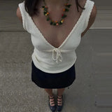 Deep V-Neck White Seam Top-Outfit
