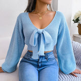 Wind Shooting Autumn And Winter Fashion Bow V Leader Lantern Sleeve Open Umbilly Sweater Women's