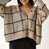 Plaid Cardigan Sweater Women Lantern Sleeve Casual Loose Jumper Autumn Winter V Neck Knitted Oversized Cardigans