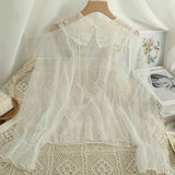 Lolita Blouses Women Mesh Patchwork Flower Embroidery Peter Pan Collar Shirts Flare Sleeve Thin Inside Tops Mujer Autumn-Outfit