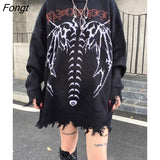 Gothic Streetwear Knitted Sweater Women Oversize Hippie Letter Bat Skeleton Print Pullover Harajuku Autumn Winter