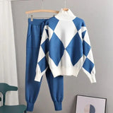 Winter Warm Knit 2 Piece Set Women Oversized Sweater Tracksuits Autumn Turtleneck Pullovers Top + Knit Harem Pants