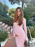Pink Ruffled Long Sleeve Knit Midi Dress-Outfit