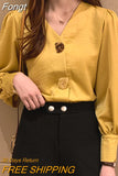 Lady Autumn Solid Women Blouses All-match Korean Tops V-neck Lantern Long Sleeve Clothes with Button Woman Shirt