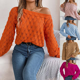 Real Shooting Autumn And Winter Leisure Feathers Hollow Word Collar Shoulder Lantern Sleeve Sweater Women's