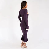 Solid Long Flared Two-piece Crop Sleeve Midi Dress-Outfit