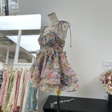 Summer Beautiful Age-Depered Printing Eugen Yarn Strap Shoulder Strap Ponpong Cake Dress Short
