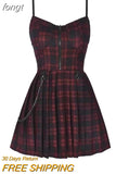 Girls Red Plaid Pleated Emo Alt Dress Y2K Zip Up Robe Femme Punk Black Spaghetti Strap Mini Short Jurken Goth