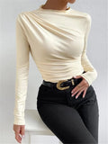 Fongt Summer Solid Color Round Collar Repair Shirt Bran Folding Design Women's Long-Sleeved Top