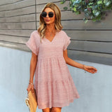 Print Short Casual V Neck Ruffles Chiffon