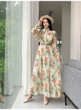 Fongt 2025 New Long-Sleeved Heavyweight Bow Long Print Chiffon Sweet Dress Seaside Holiday
