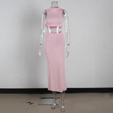 Gray Stretchy Snug Outfits Women Party Tank Tops And Long Ruched Skirts Sets Summer Two Piece Matching